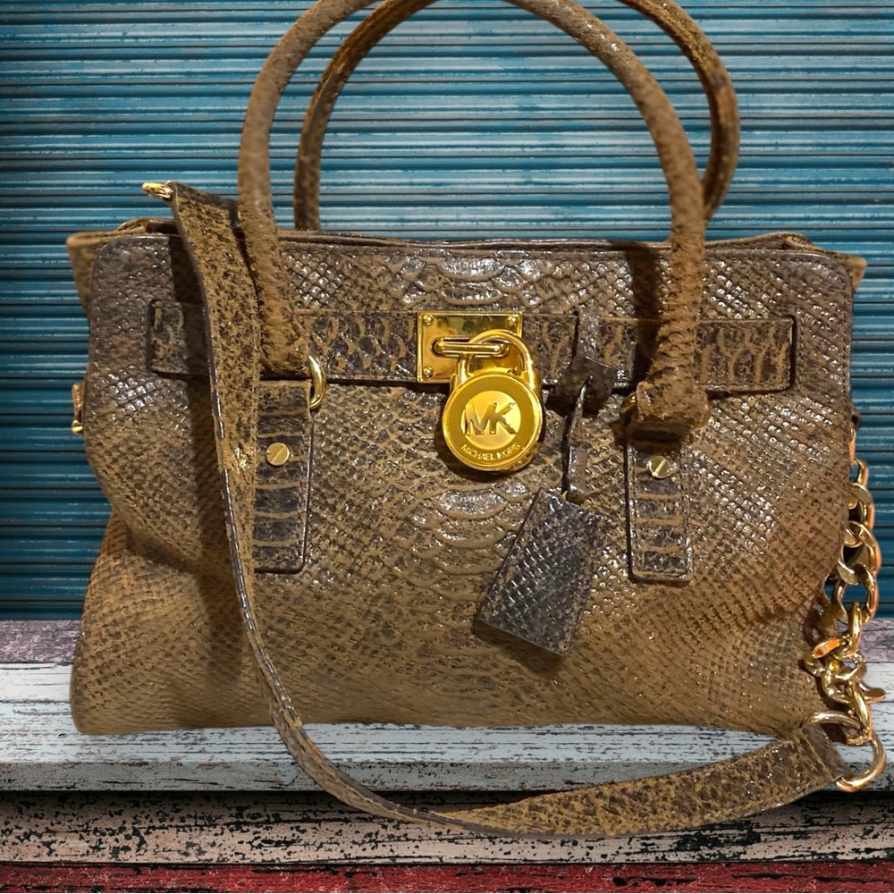 Michael Khors Limited Edition Brown Suede Snake skin leather bag.